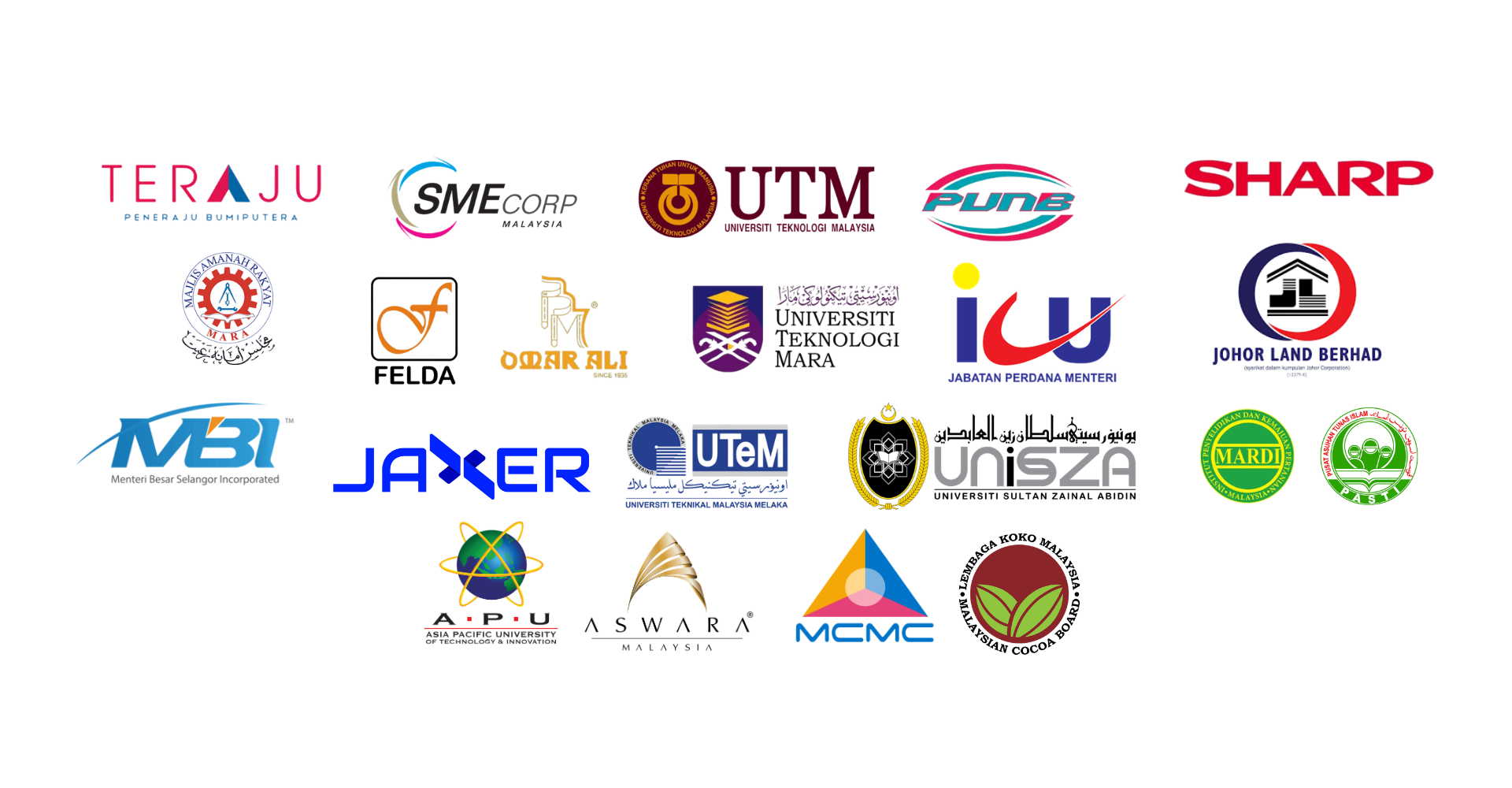 Government and institutional client logos including TERAJU, SME Corp Malaysia, UTM, MARA, FELDA, UiTM, and others